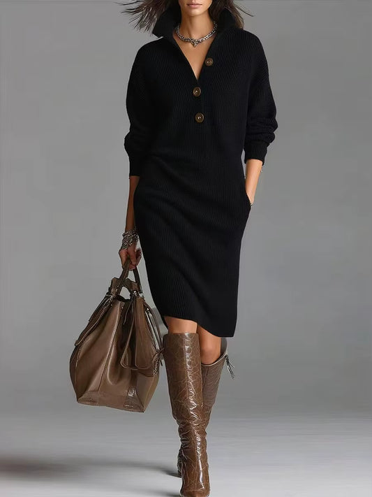 Solid Knitted Midi Dress for Woman Spring Fashion Button Half-Open High Neck Loose Dresses Ladies Autumn Leisure Warm Vestidos