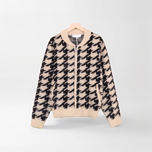 Architectural Knit: Textured Houndstooth Zip-Front Jacket | Soft-Structure